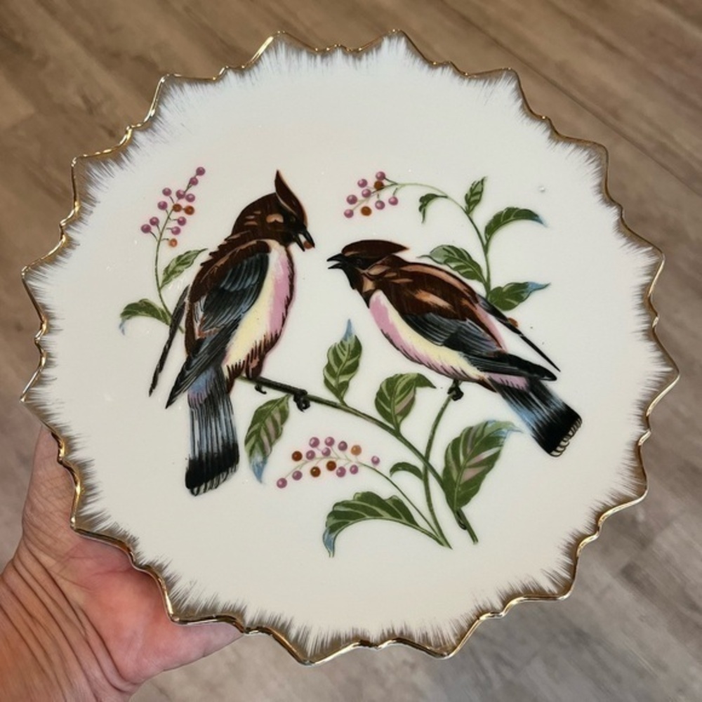 Vintage Cedar Waxwing Birds Gold Trimmed Plate 8” Made in Japan